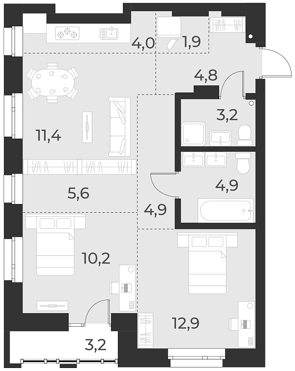 Планировка 3е-к. квартира 63.80 м² в ЖК «Русское солнце»
