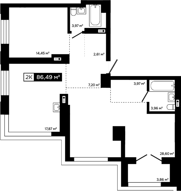 Планировка 2-к.кв 82.63 м² в ЖК «Платина»