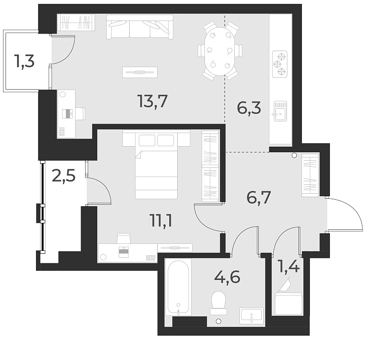 Планировка 2е-к. квартира 43.90 м² в ЖК «Русское солнце»