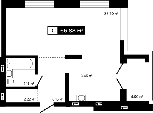Планировка студии 52.88 м² в ЖК «Платина»