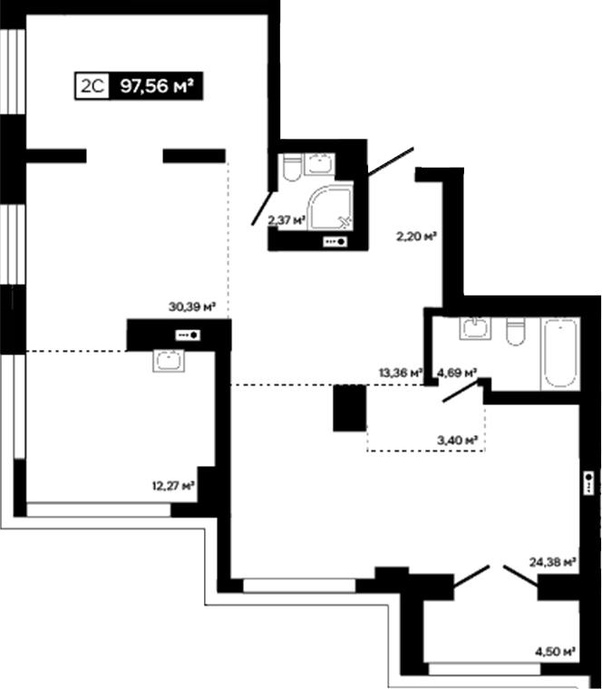 Планировка 2е-к.кв 93.06 м² в ЖК «Платина»
