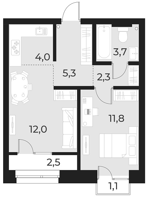 Планировка 2е-к. квартира 39.10 м² в ЖК «Русское солнце»