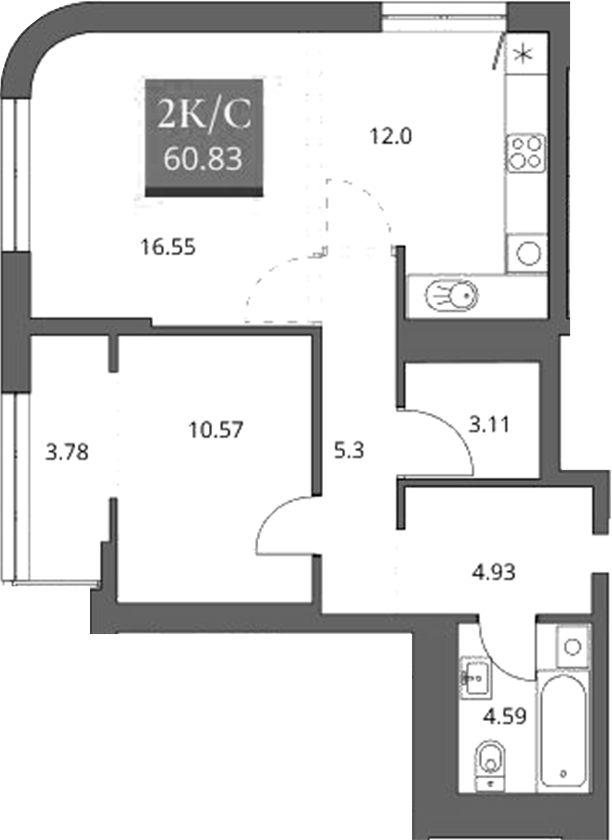 Планировка 2е-к.кв 57.05 м² в ЖК «Беринг»