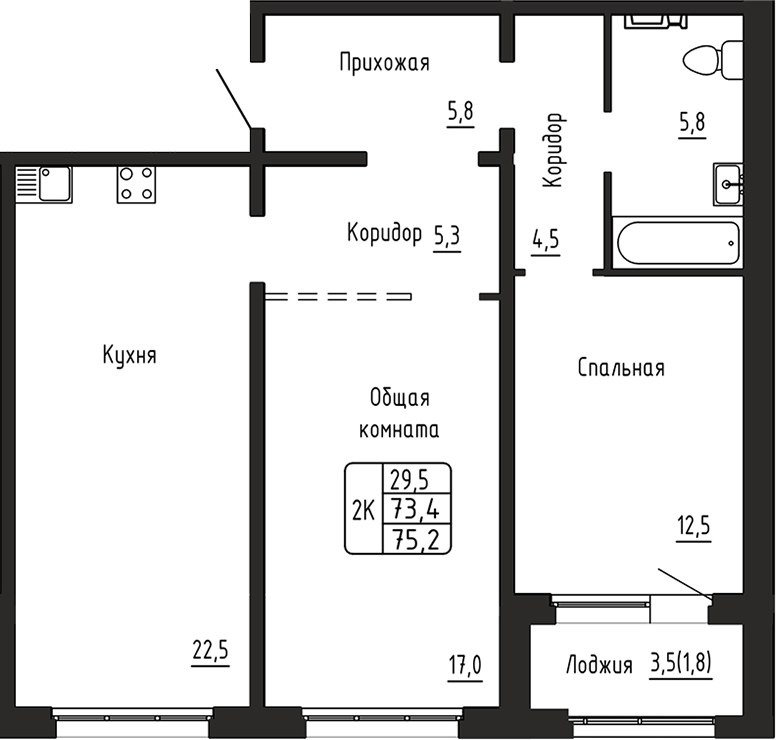 Планировка 2-к.кв 73.40 м² в ЖК «Самоцветы»
