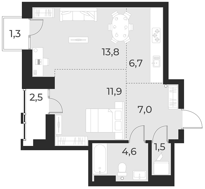 Планировка 2е-к.кв 45.50 м² в ЖК «Русское солнце»