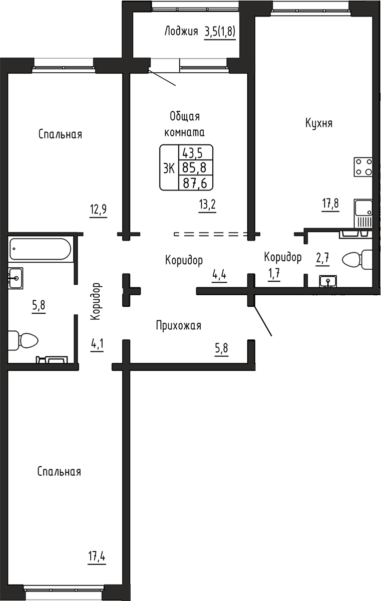 Планировка 3-к. квартира 85.80 м² в ЖК «Самоцветы»