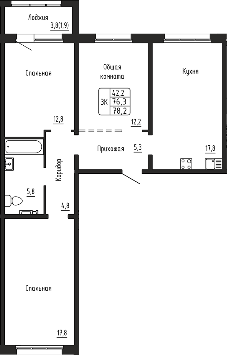 Планировка 3-к.кв 76.50 м² в ЖК «Самоцветы»