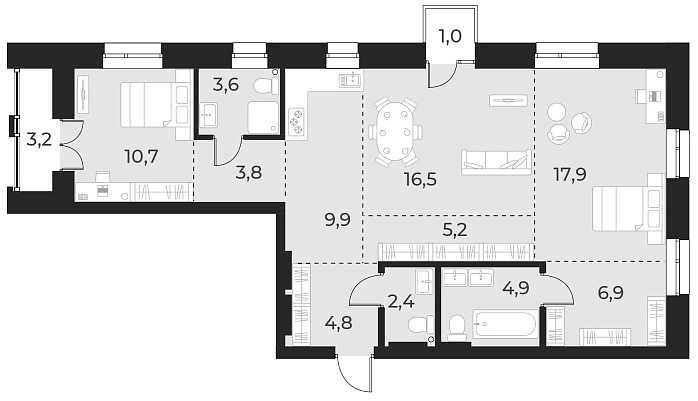 Планировка 3е-к. квартира 86.60 м² в ЖК «Русское солнце»