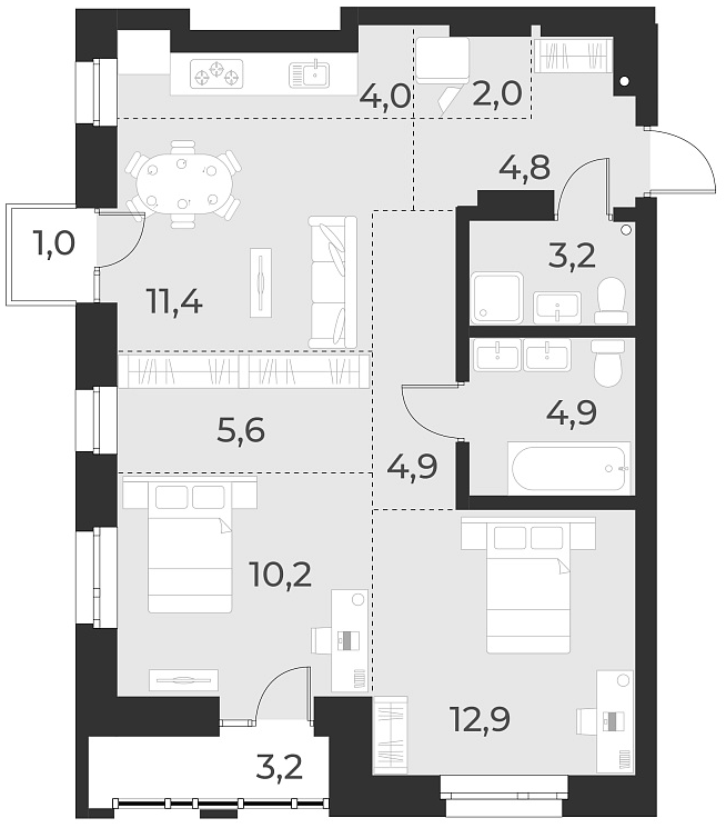 Планировка 3е-к. квартира 63.90 м² в ЖК «Русское солнце»