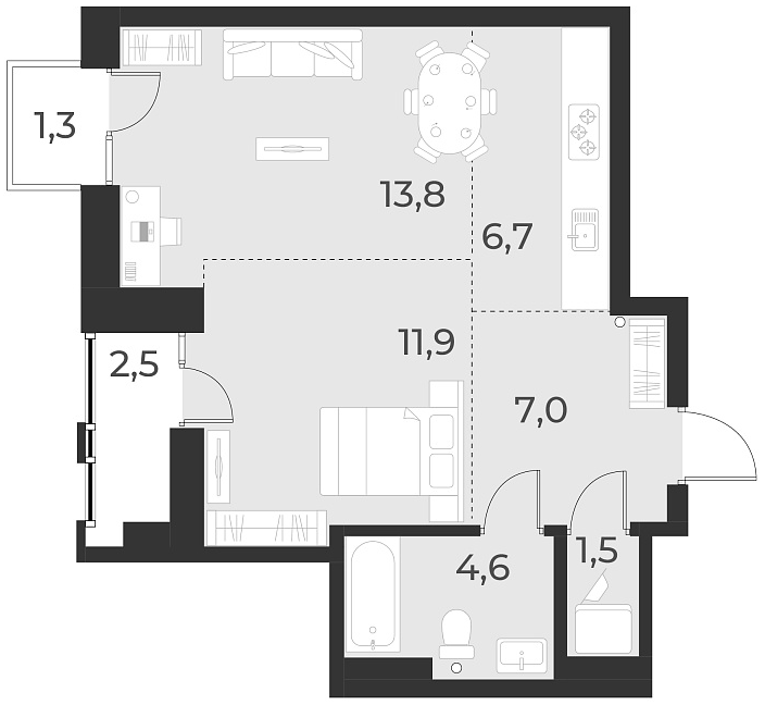 Планировка 2е-к. квартира 45.50 м² в ЖК «Русское солнце»