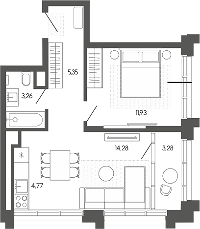 Планировка 2е-к.кв 39.59 м² в ЖК «Искра. Барнаул»