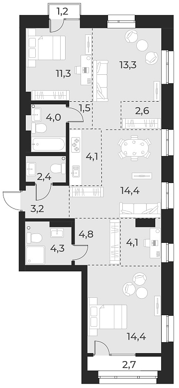 Планировка 4е-к.кв 84.40 м² в ЖК «Русское солнце»