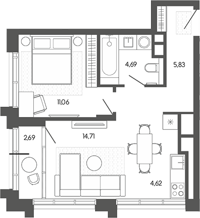 Планировка 2е-к.кв 40.91 м² в ЖК «Искра. Барнаул»