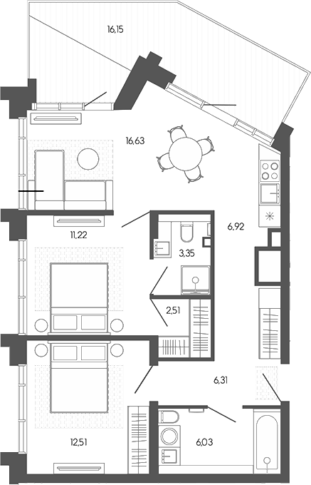Планировка 3е-к.кв 65.48 м² в ЖК «Искра. Барнаул»