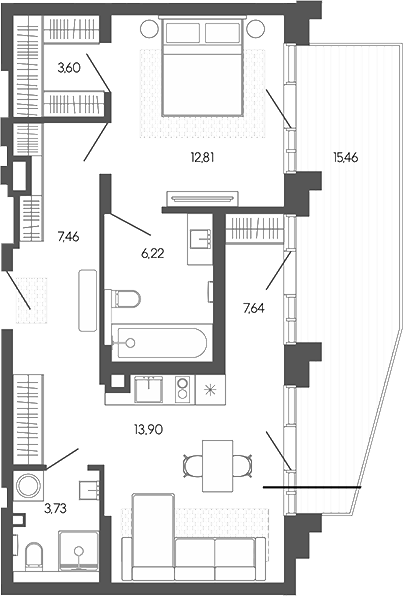 Планировка 2е-к.кв 55.36 м² в ЖК «Искра. Барнаул»