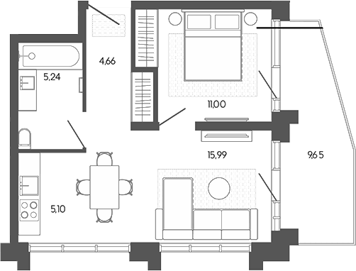 Планировка 2е-к.кв 41.99 м² в ЖК «Искра. Барнаул»