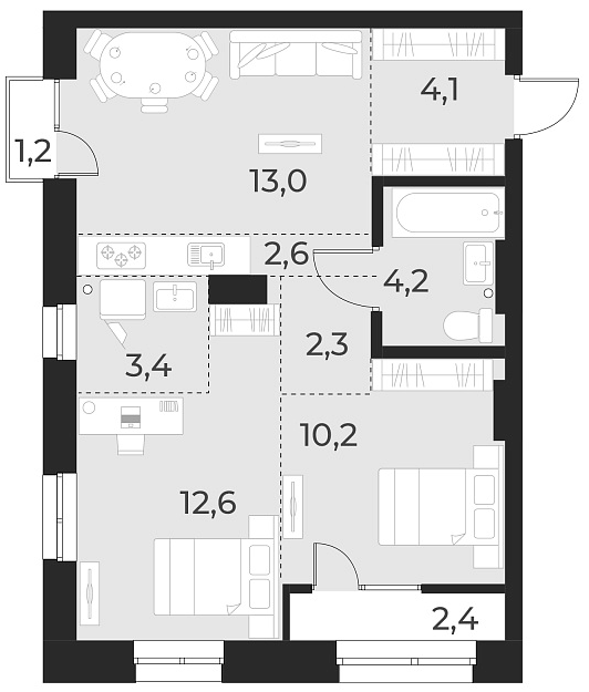 Планировка 3е-к. квартира 52.40 м² в ЖК «Русское солнце»