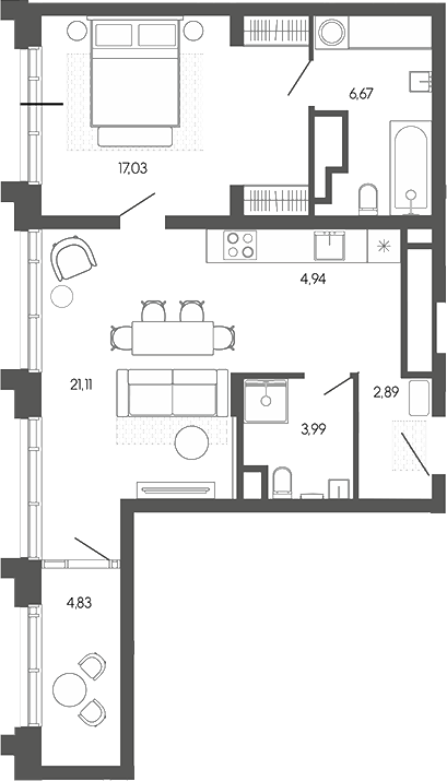 Планировка 2е-к.кв 56.63 м² в ЖК «Искра. Барнаул»