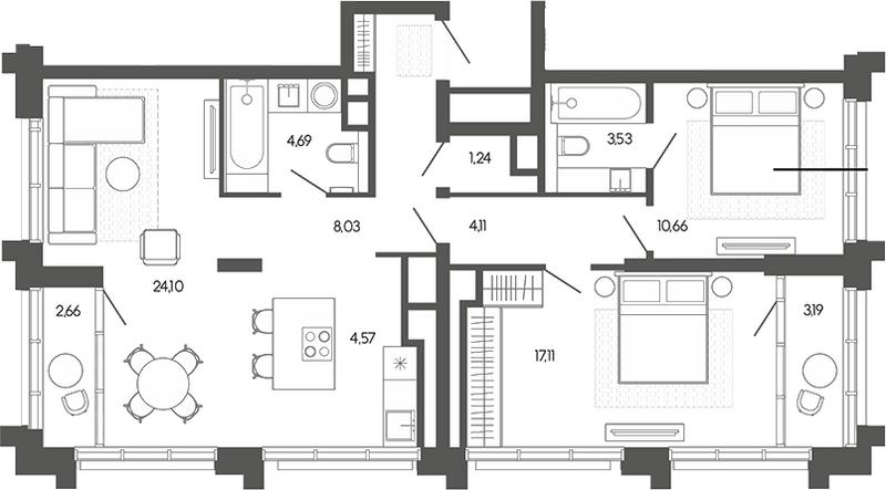 Планировка 3е-к.кв 78.04 м² в ЖК «Искра. Барнаул»