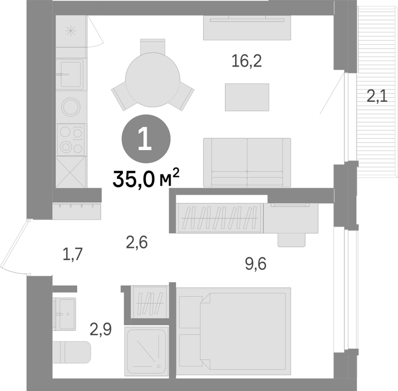 Планировка 1-к. квартира 32.90 м² в ЖК «Лебедевский»