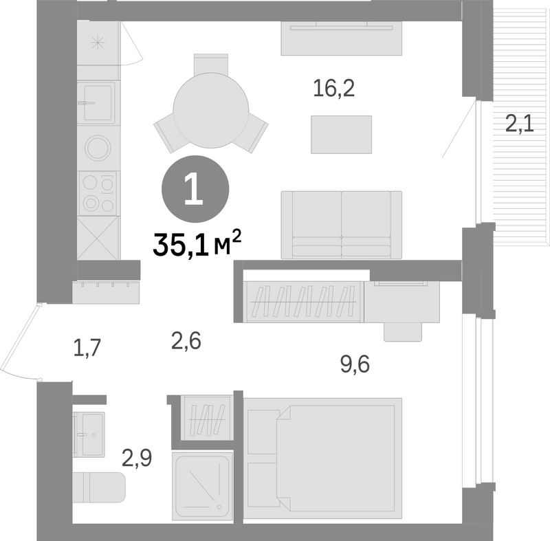 Планировка 1-к.кв 33.00 м² в ЖК «Лебедевский»