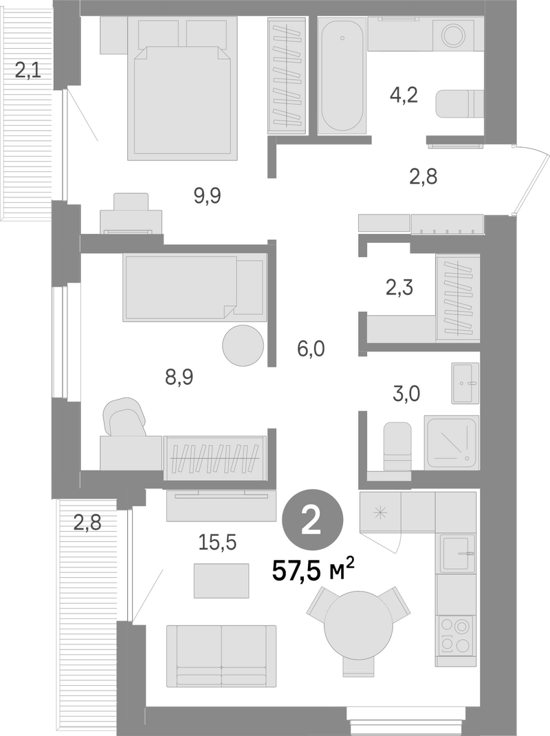 Планировка 2-к.кв 52.60 м² в ЖК «Лебедевский»
