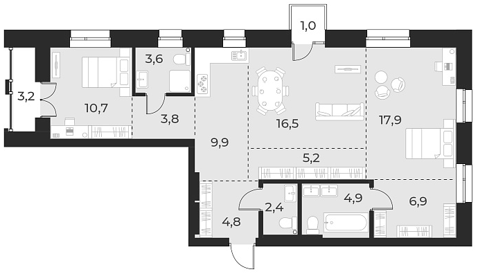 Планировка 3е-к.кв 86.60 м² в ЖК «Русское солнце»