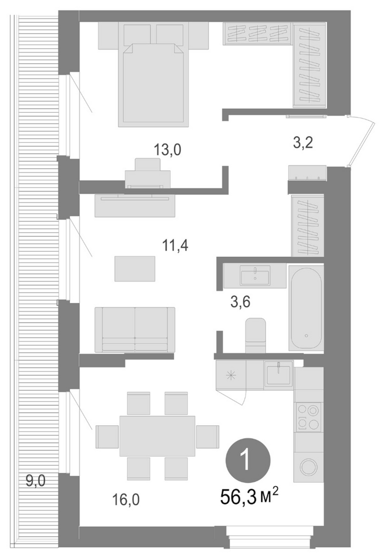 Планировка 1-к. квартира 47.30 м² в ЖК «Лебедевский»