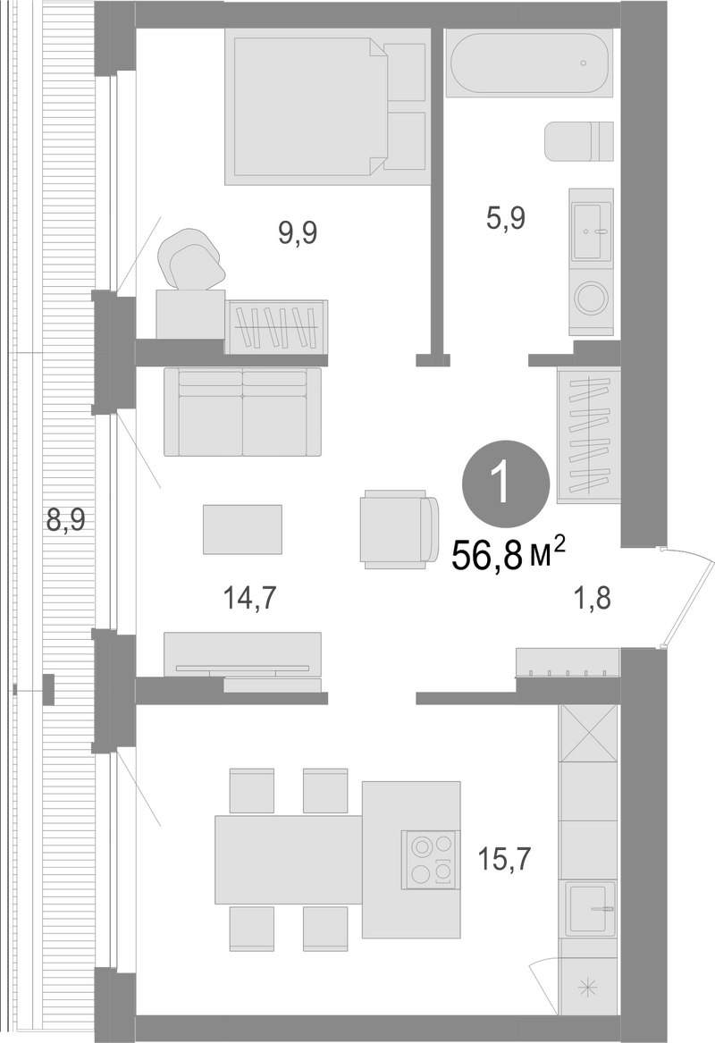 Планировка 1-к.кв 47.90 м² в ЖК «Лебедевский»