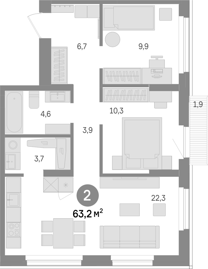 Планировка 2-к.кв 61.30 м² в ЖК «Лебедевский»