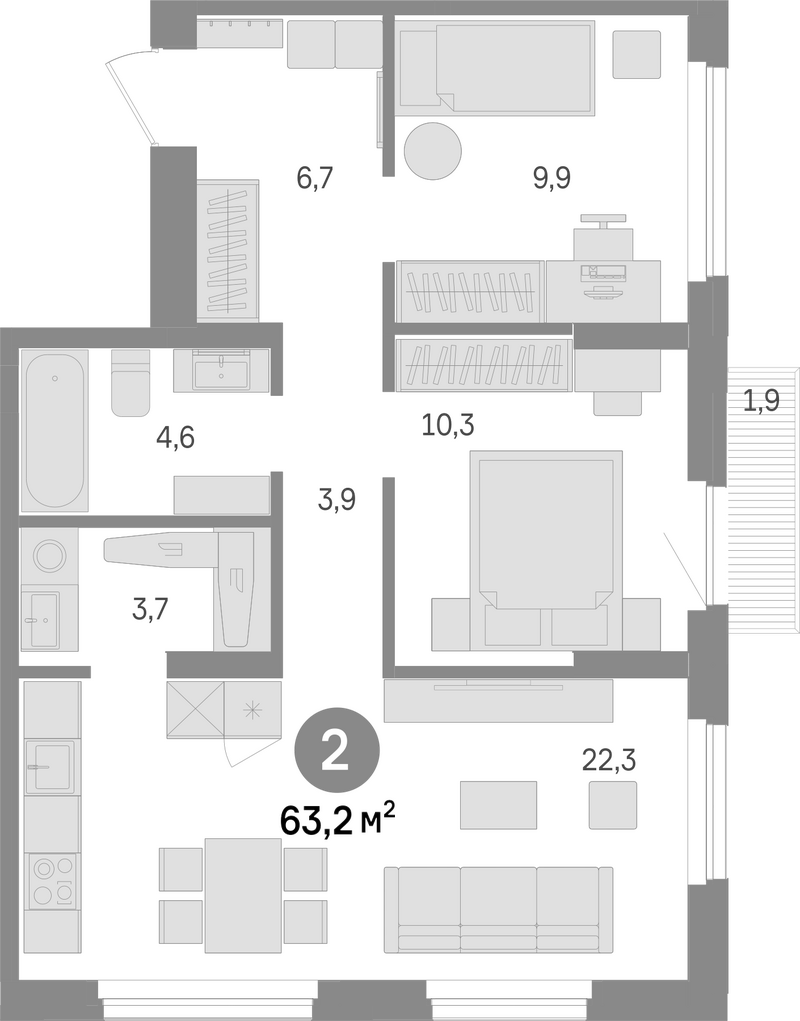 Планировка 2-к. квартира 61.30 м² в ЖК «Лебедевский»