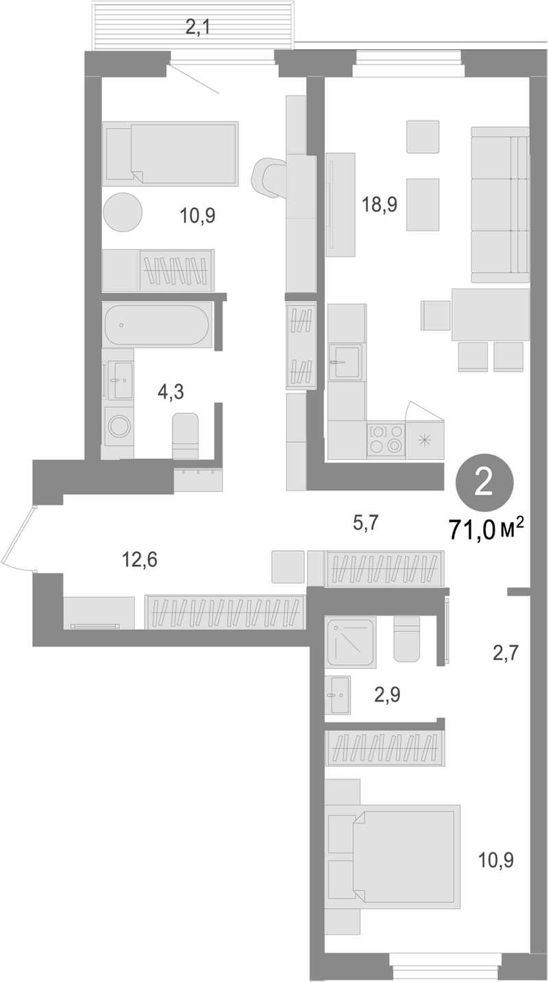 Планировка 2-к. квартира 68.90 м² в ЖК «Лебедевский»