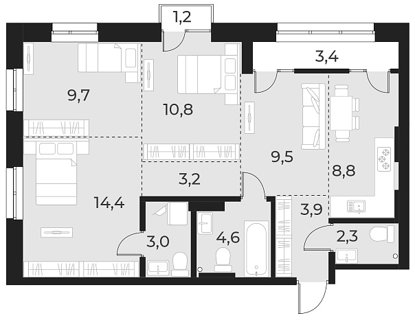 Планировка 4е-к. квартира 70.20 м² в ЖК «Русское солнце»