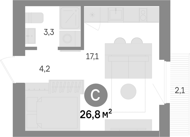 Планировка студии 24.70 м² в ЖК «Лебедевский»