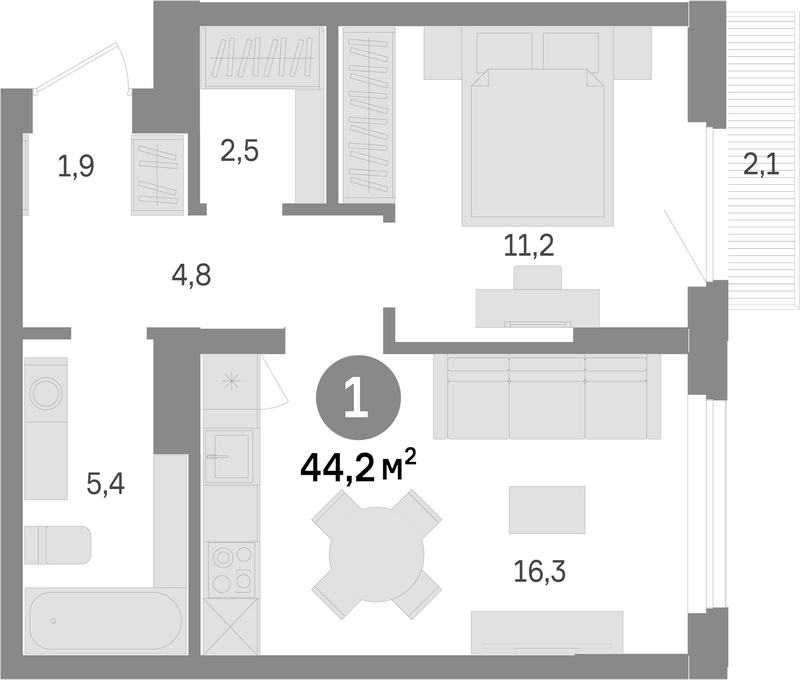 Планировка 1-к.кв 42.10 м² в ЖК «Лебедевский»