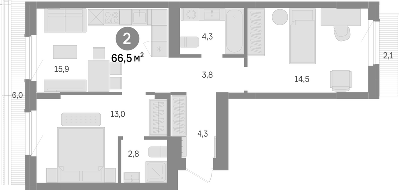 Планировка 2-к.кв 58.40 м² в ЖК «Лебедевский»