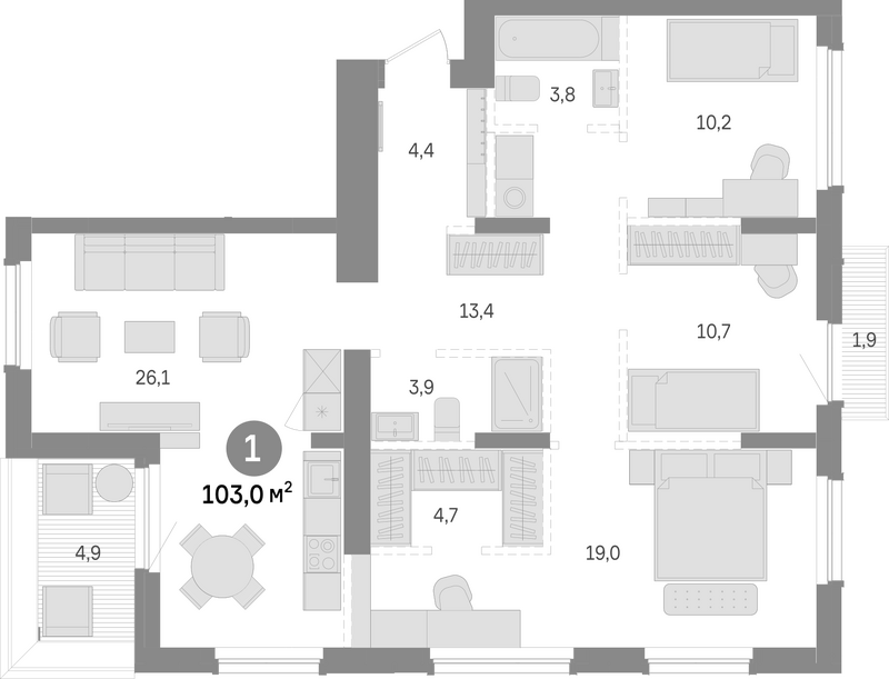 Планировка 3-к. квартира 96.20 м² в ЖК «Лебедевский»