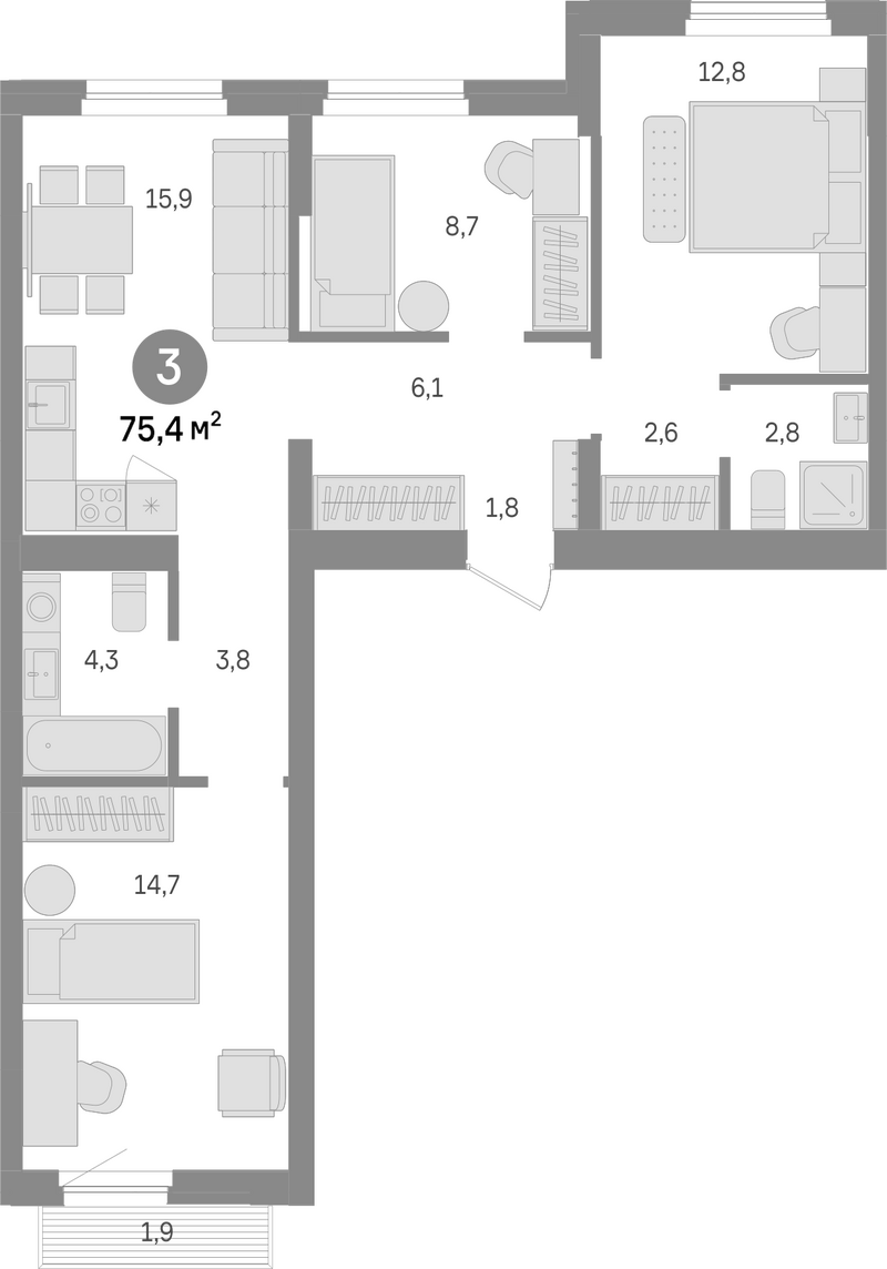 Планировка 3-к.кв 73.50 м² в ЖК «Лебедевский»