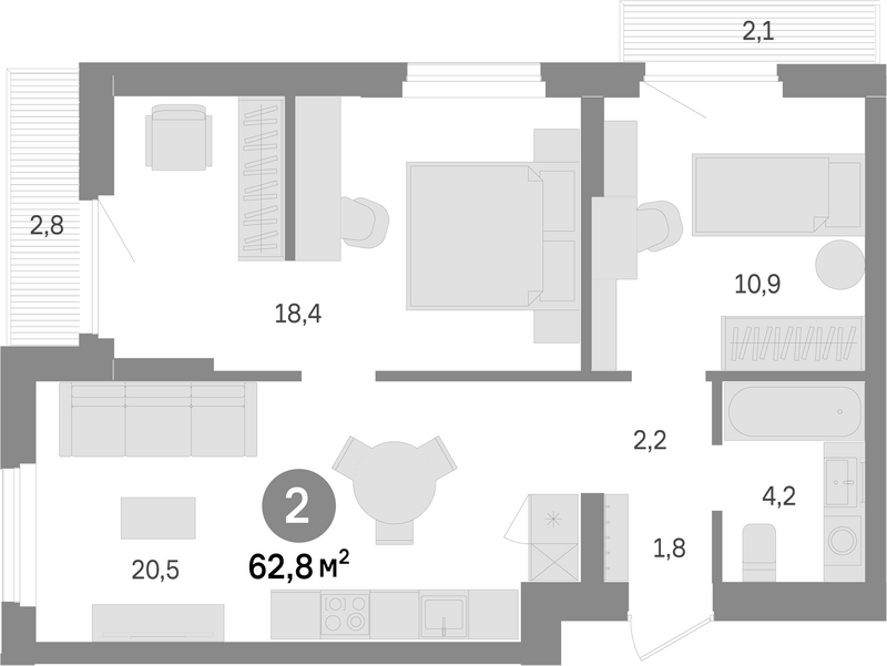 Планировка 2-к. квартира 57.90 м² в ЖК «Лебедевский»