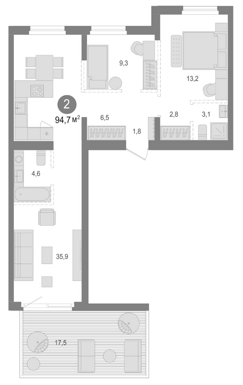 Планировка 2-к.кв 77.20 м² в ЖК «Лебедевский»