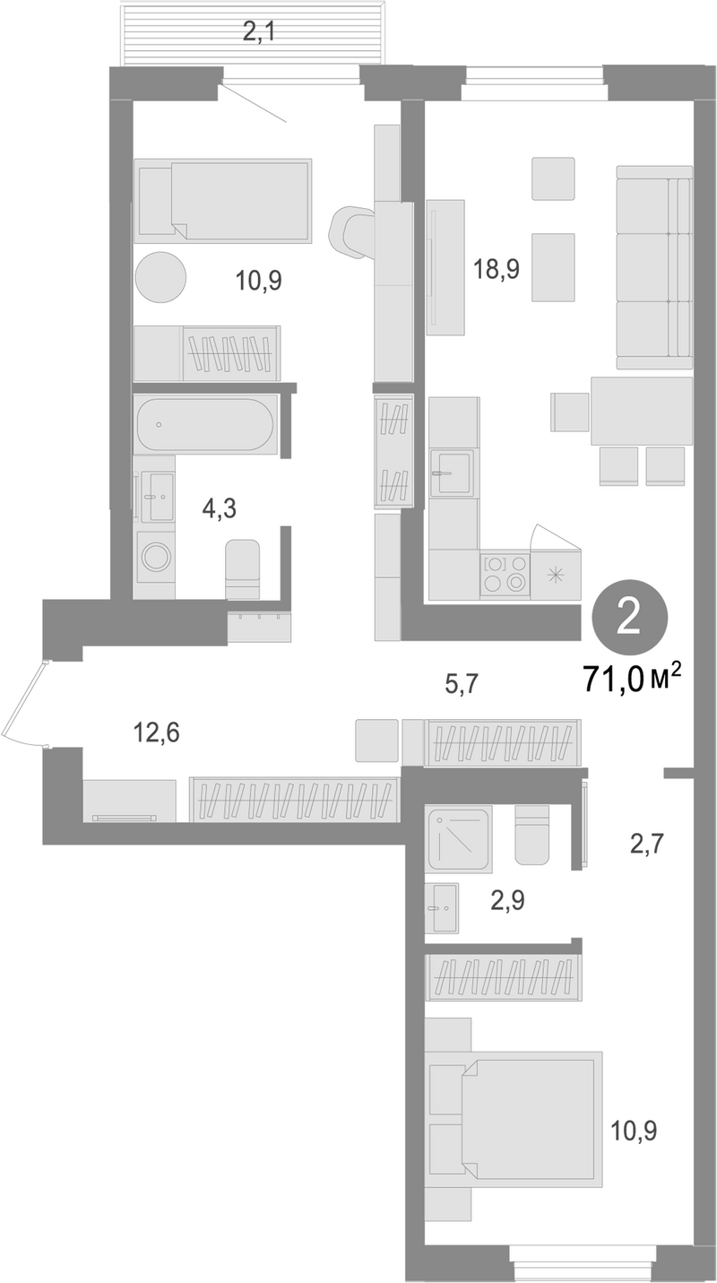Планировка 2-к. квартира 68.90 м² в ЖК «Лебедевский»
