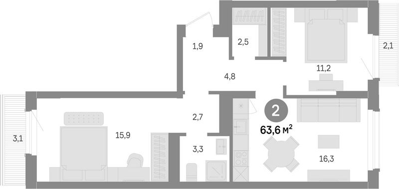 Планировка 2-к.кв 58.40 м² в ЖК «Лебедевский»