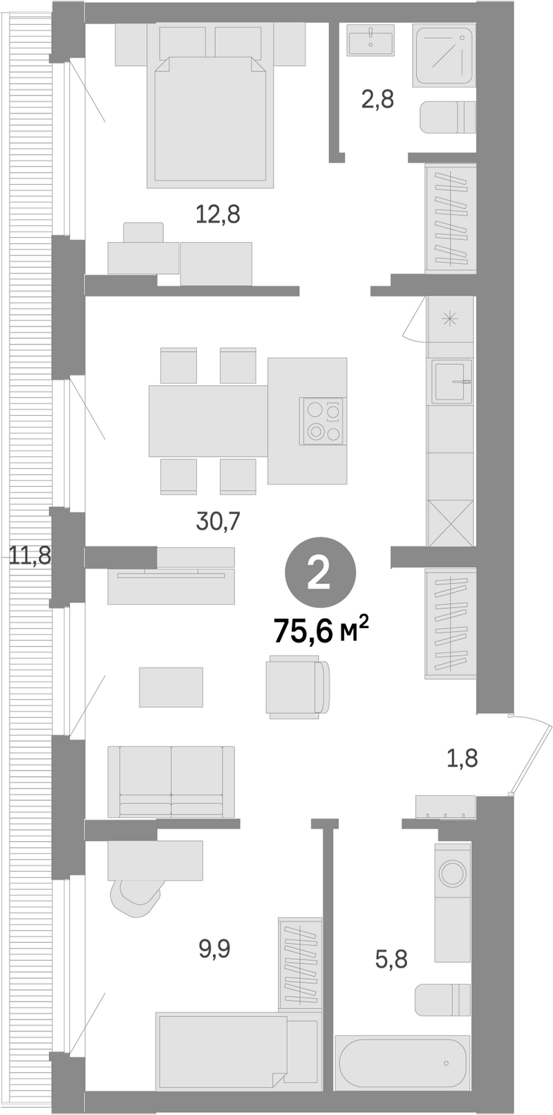 Планировка 2-к.кв 63.80 м² в ЖК «Лебедевский»