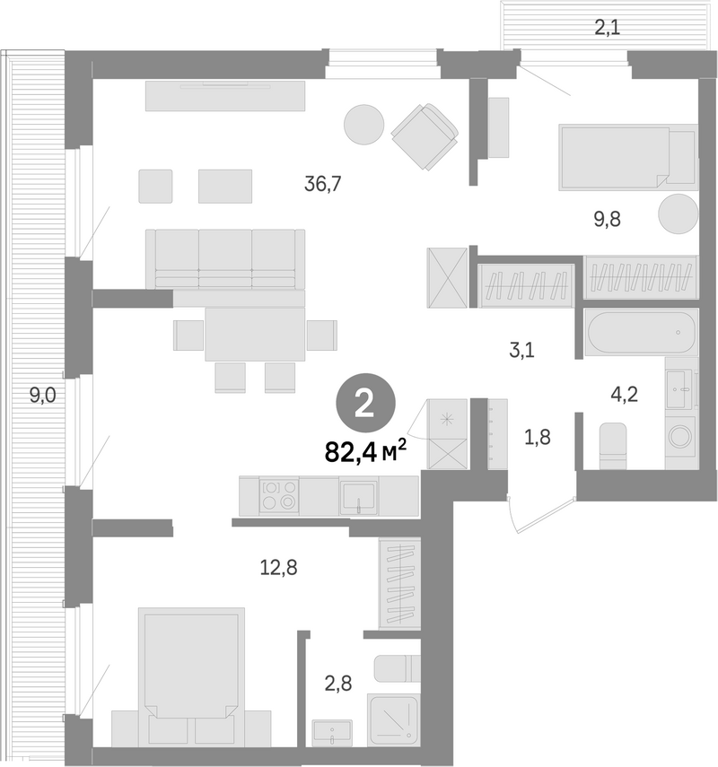 Планировка 2-к. квартира 68.90 м² в ЖК «Лебедевский»