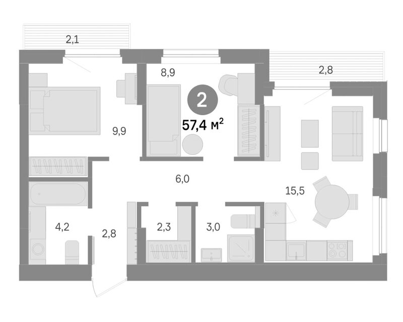 Планировка 2-к.кв 52.50 м² в ЖК «Лебедевский»