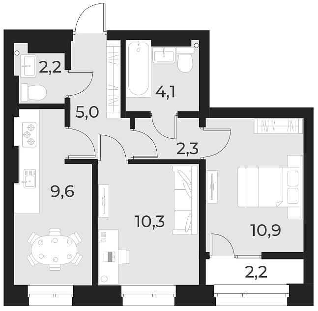 Планировка 2-к. квартира 44.40 м² в ЖК «Русское солнце»