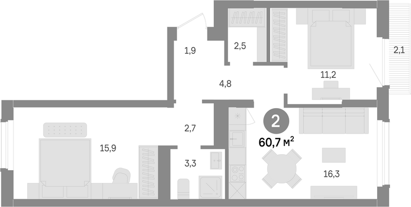 Планировка 2-к.кв 58.60 м² в ЖК «Лебедевский»