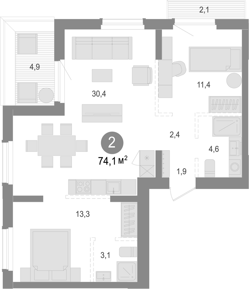 Планировка 2-к.кв 67.10 м² в ЖК «Лебедевский»
