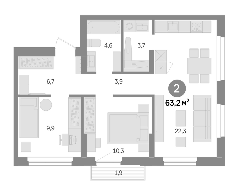 Планировка 2-к.кв 61.30 м² в ЖК «Лебедевский»