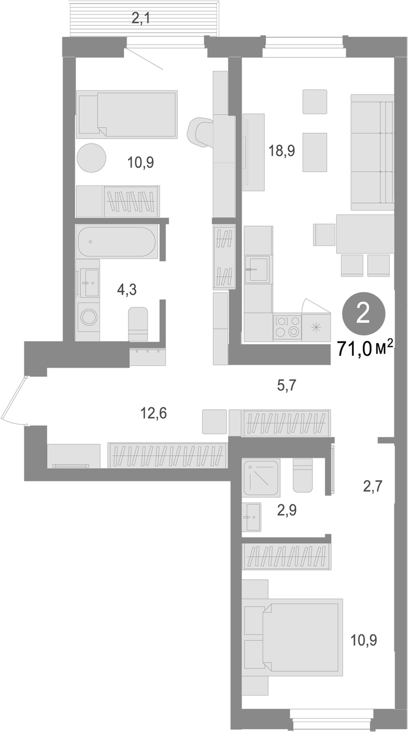 Планировка 2-к. квартира 68.90 м² в ЖК «Лебедевский»